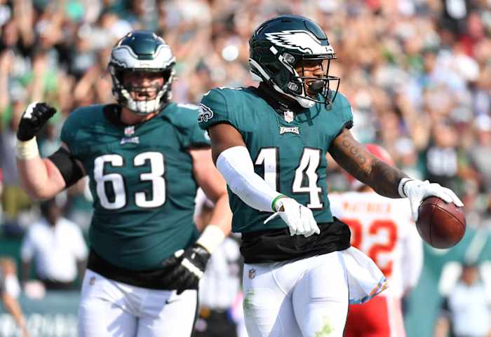 Jack Driscoll celebrates a Kenny Gainwell TD